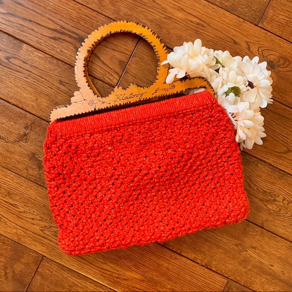 Vintage Woven Crochet Bag with Wood Handles - Picture 1 of 5